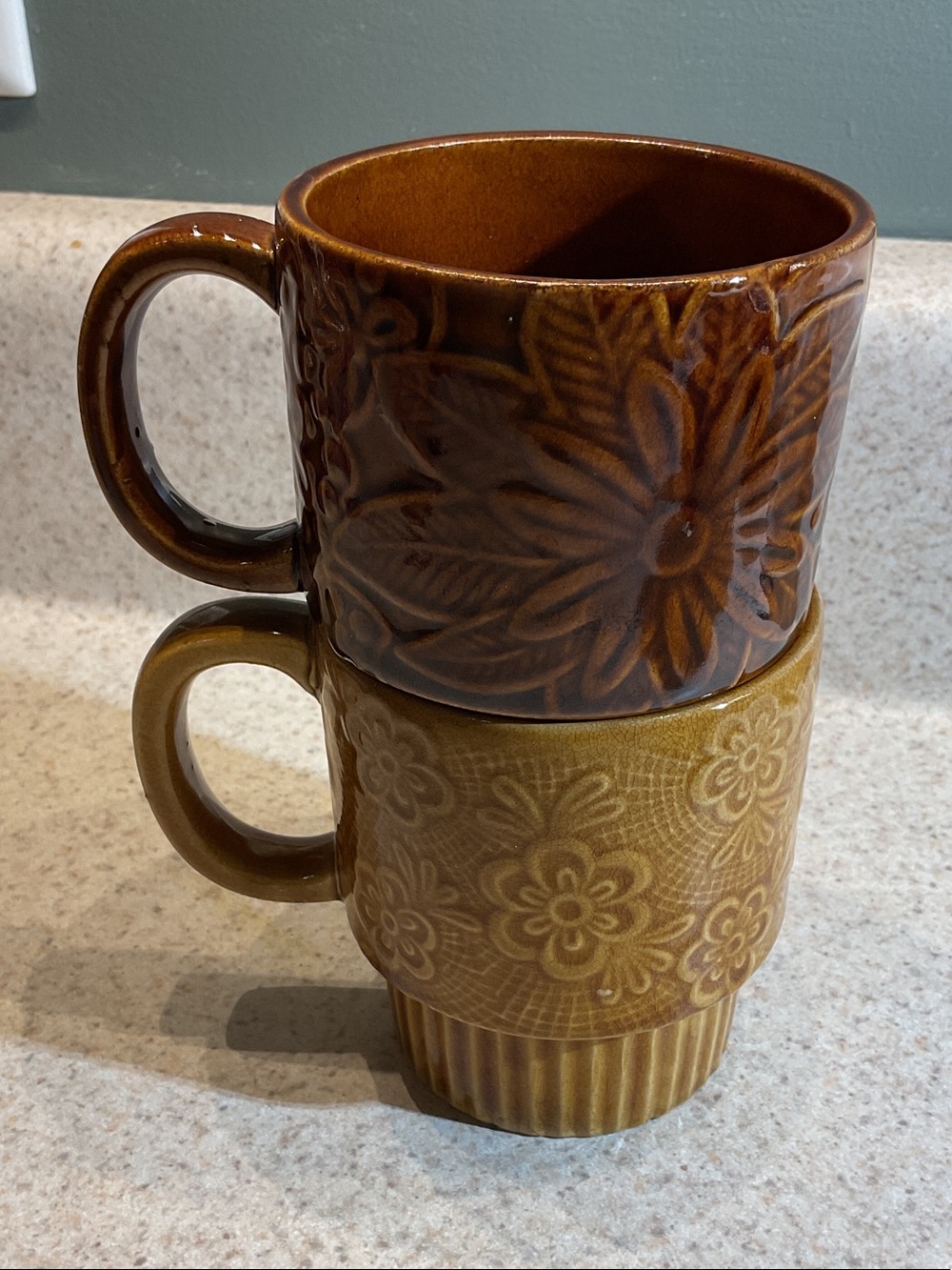 Vintage 1970s Japan Stackable Floral Coffee Tea Mugs Brown Gold - Set of 2